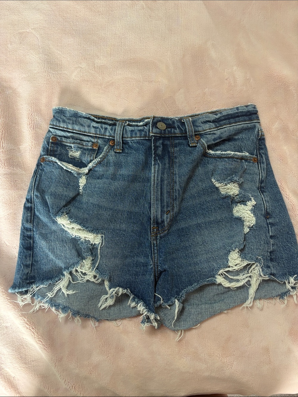 Abercrombie Distressed High-Waist Mom Denim Shorts - Blue